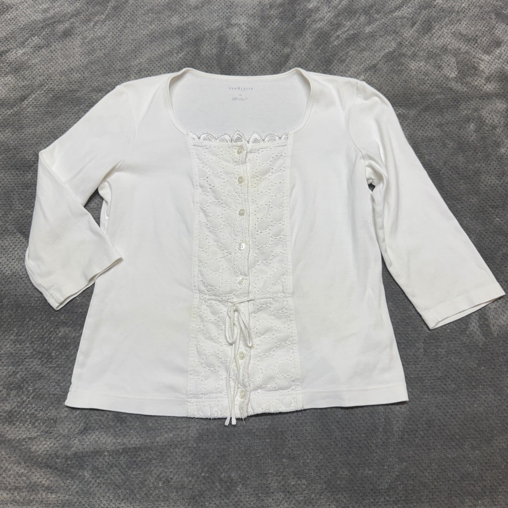 Van Heusen White Eyelet Lace Trim 3/4 Sleeve Top Square Neck Drawstring Medium